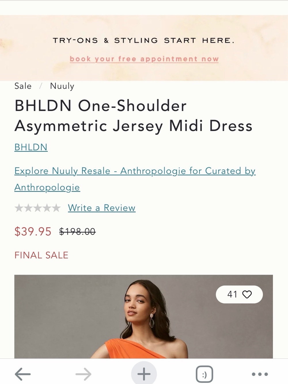 BHLDN One-Shoulder Asymmetric Orange Midi Dress Size Medium - Picture 16 of 16